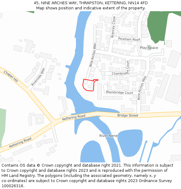 45, NINE ARCHES WAY, THRAPSTON, KETTERING, NN14 4FD: Location map and indicative extent of plot