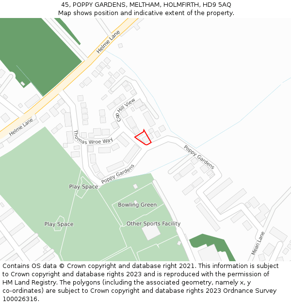 45, POPPY GARDENS, MELTHAM, HOLMFIRTH, HD9 5AQ: Location map and indicative extent of plot