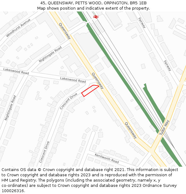 45, QUEENSWAY, PETTS WOOD, ORPINGTON, BR5 1EB: Location map and indicative extent of plot