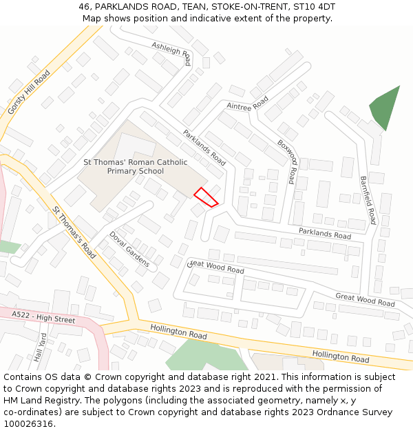 46, PARKLANDS ROAD, TEAN, STOKE-ON-TRENT, ST10 4DT: Location map and indicative extent of plot