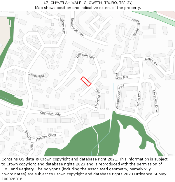 47, CHYVELAH VALE, GLOWETH, TRURO, TR1 3YJ: Location map and indicative extent of plot