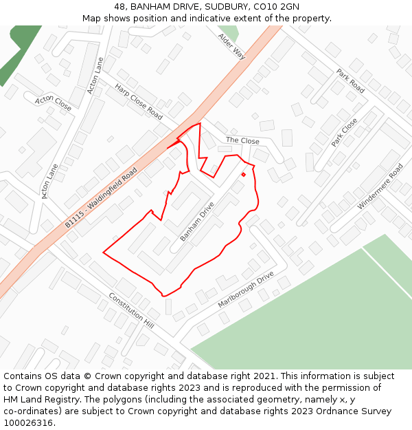 48, BANHAM DRIVE, SUDBURY, CO10 2GN: Location map and indicative extent of plot