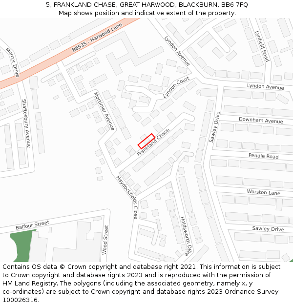 5, FRANKLAND CHASE, GREAT HARWOOD, BLACKBURN, BB6 7FQ: Location map and indicative extent of plot