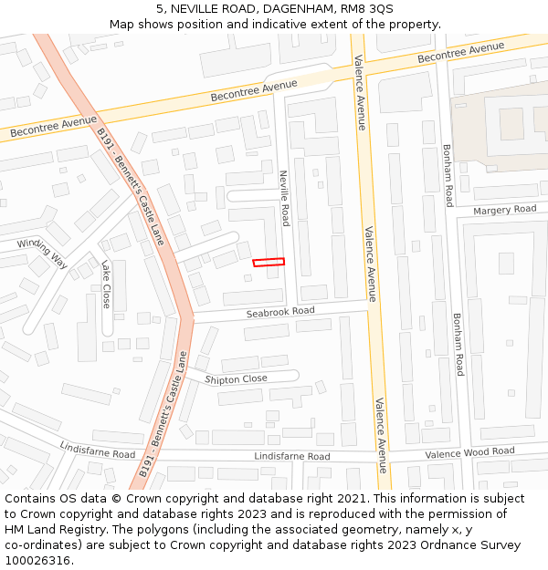 5, NEVILLE ROAD, DAGENHAM, RM8 3QS: Location map and indicative extent of plot