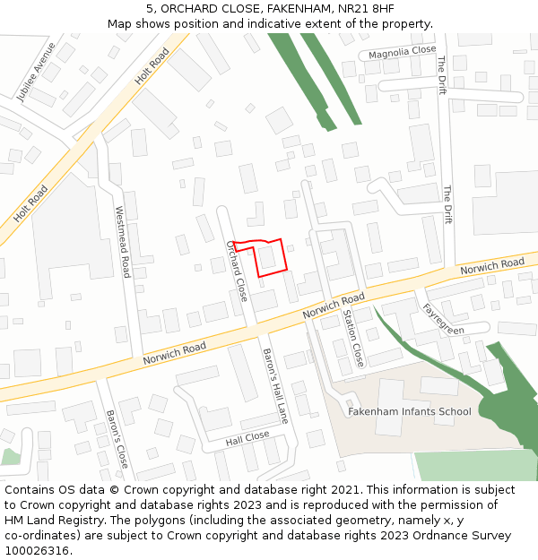 5, ORCHARD CLOSE, FAKENHAM, NR21 8HF: Location map and indicative extent of plot