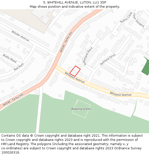 5, WHITEHILL AVENUE, LUTON, LU1 3SP: Location map and indicative extent of plot