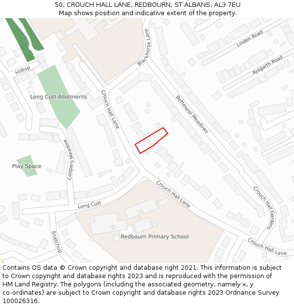 50, CROUCH HALL LANE, REDBOURN, ST ALBANS, AL3 7EU: Location map and indicative extent of plot