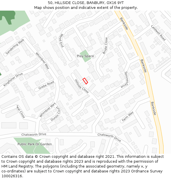 50, HILLSIDE CLOSE, BANBURY, OX16 9YT: Location map and indicative extent of plot
