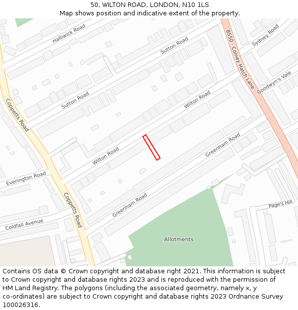 50, WILTON ROAD, LONDON, N10 1LS: Location map and indicative extent of plot