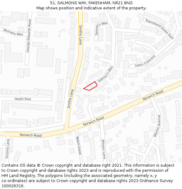 51, SALMONS WAY, FAKENHAM, NR21 8NG: Location map and indicative extent of plot