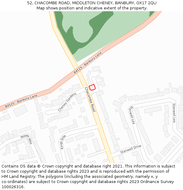 52, CHACOMBE ROAD, MIDDLETON CHENEY, BANBURY, OX17 2QU: Location map and indicative extent of plot
