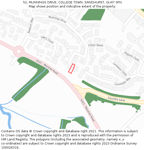 52, MUNNINGS DRIVE, COLLEGE TOWN, SANDHURST, GU47 0FN: Location map and indicative extent of plot