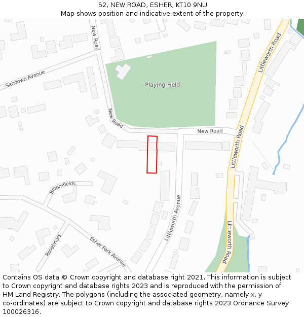 52, NEW ROAD, ESHER, KT10 9NU: Location map and indicative extent of plot