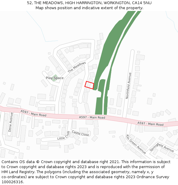 52, THE MEADOWS, HIGH HARRINGTON, WORKINGTON, CA14 5NU: Location map and indicative extent of plot