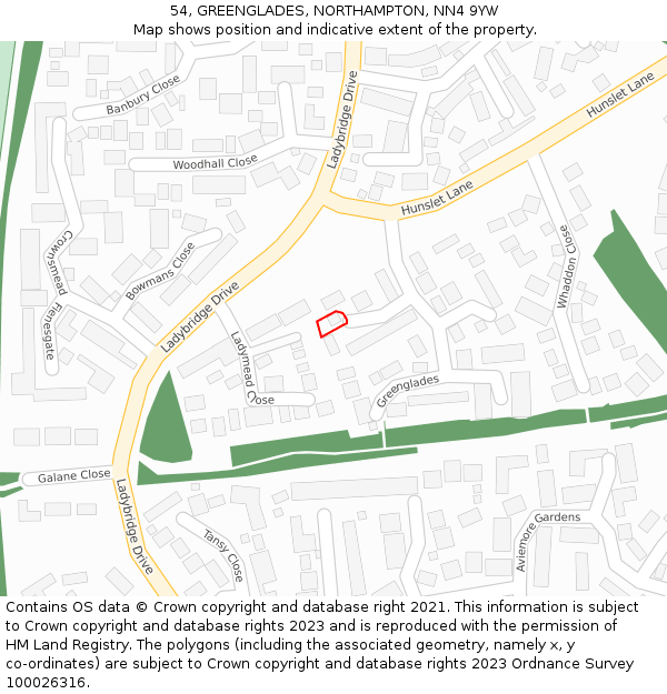 54, GREENGLADES, NORTHAMPTON, NN4 9YW: Location map and indicative extent of plot