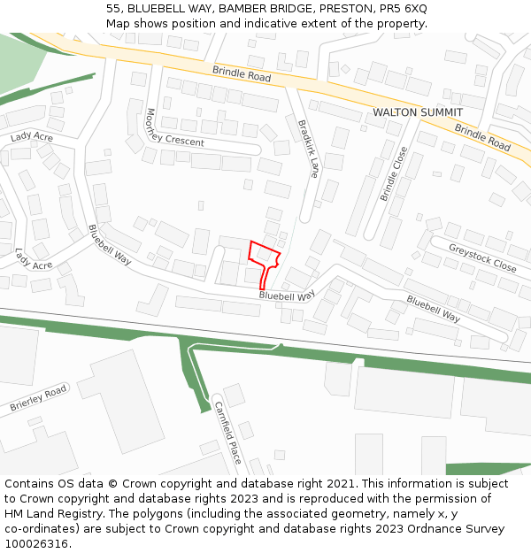 55, BLUEBELL WAY, BAMBER BRIDGE, PRESTON, PR5 6XQ: Location map and indicative extent of plot