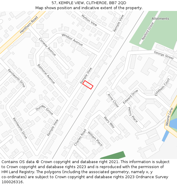 57, KEMPLE VIEW, CLITHEROE, BB7 2QD: Location map and indicative extent of plot