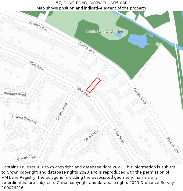 57, OLIVE ROAD, NORWICH, NR5 0AP: Location map and indicative extent of plot