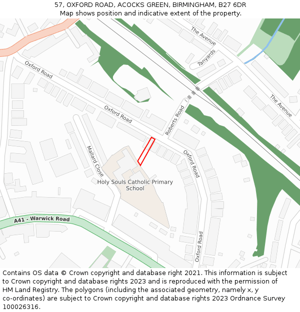 57, OXFORD ROAD, ACOCKS GREEN, BIRMINGHAM, B27 6DR: Location map and indicative extent of plot