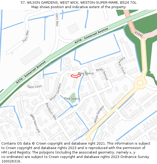 57, WILSON GARDENS, WEST WICK, WESTON-SUPER-MARE, BS24 7GL: Location map and indicative extent of plot