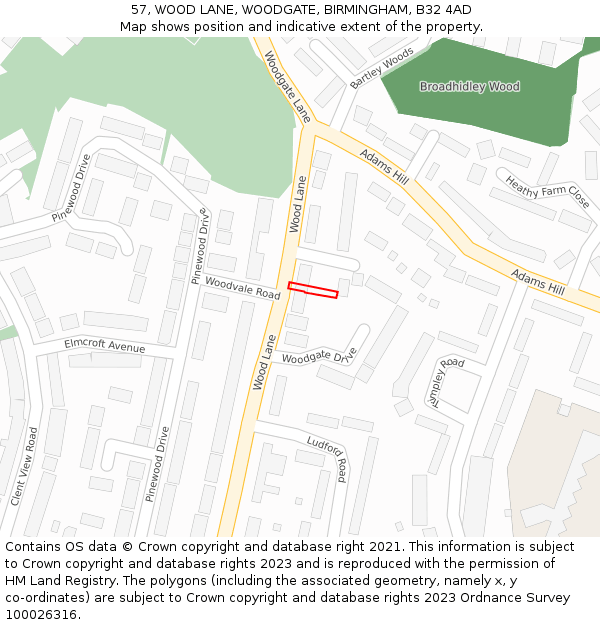 57, WOOD LANE, WOODGATE, BIRMINGHAM, B32 4AD: Location map and indicative extent of plot