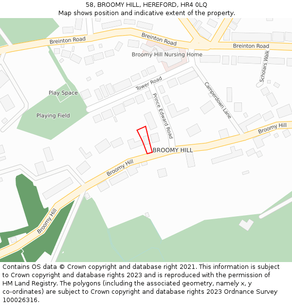 58, BROOMY HILL, HEREFORD, HR4 0LQ: Location map and indicative extent of plot