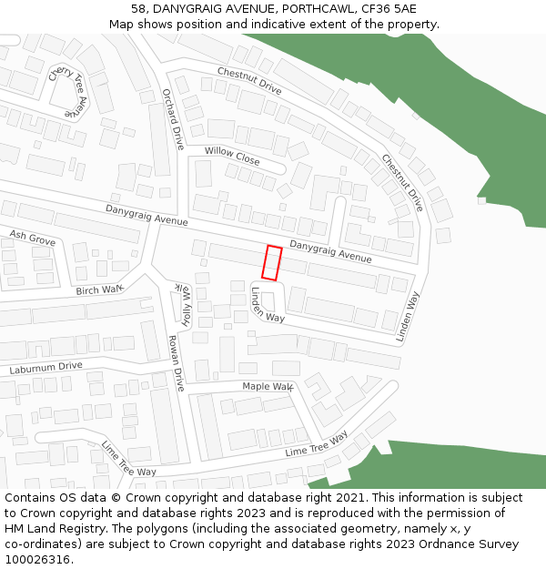 58, DANYGRAIG AVENUE, PORTHCAWL, CF36 5AE: Location map and indicative extent of plot