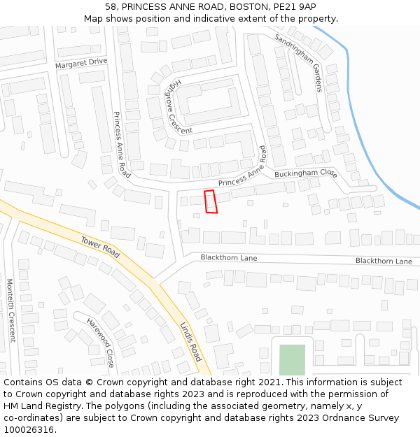 58, PRINCESS ANNE ROAD, BOSTON, PE21 9AP: Location map and indicative extent of plot