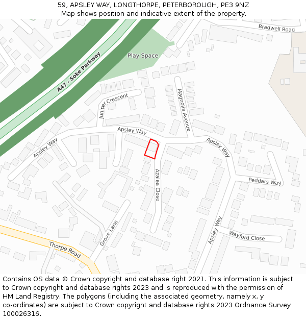 59, APSLEY WAY, LONGTHORPE, PETERBOROUGH, PE3 9NZ: Location map and indicative extent of plot