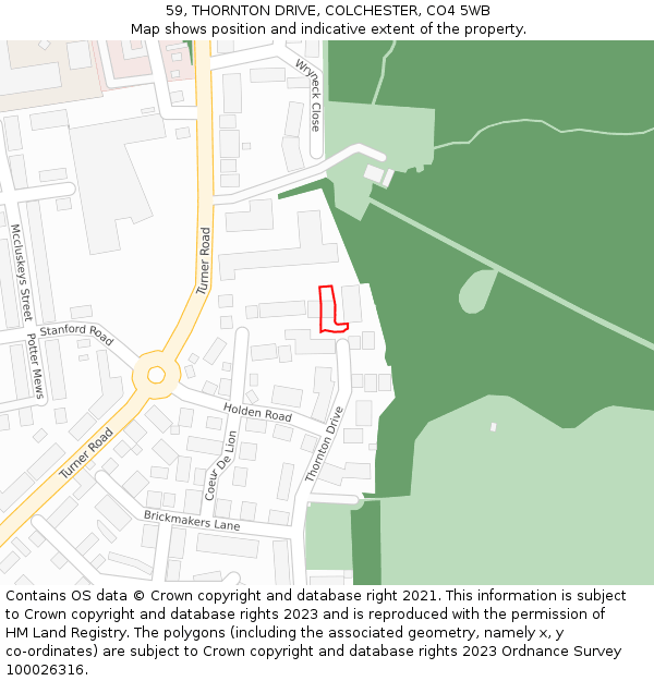 59, THORNTON DRIVE, COLCHESTER, CO4 5WB: Location map and indicative extent of plot