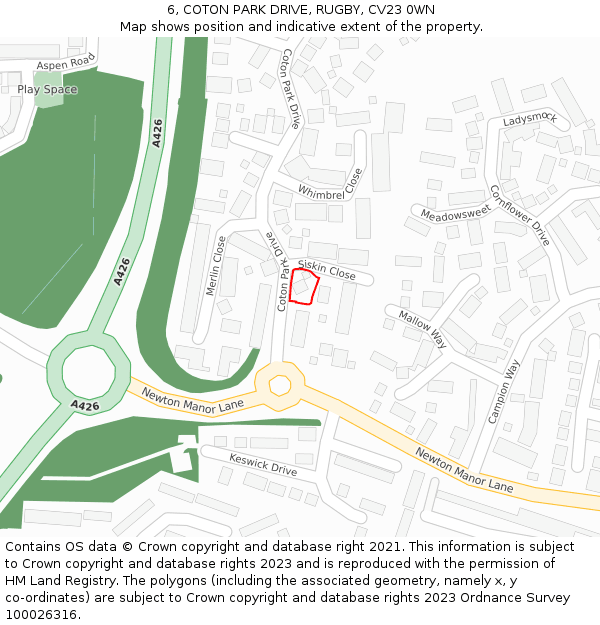 6, COTON PARK DRIVE, RUGBY, CV23 0WN: Location map and indicative extent of plot