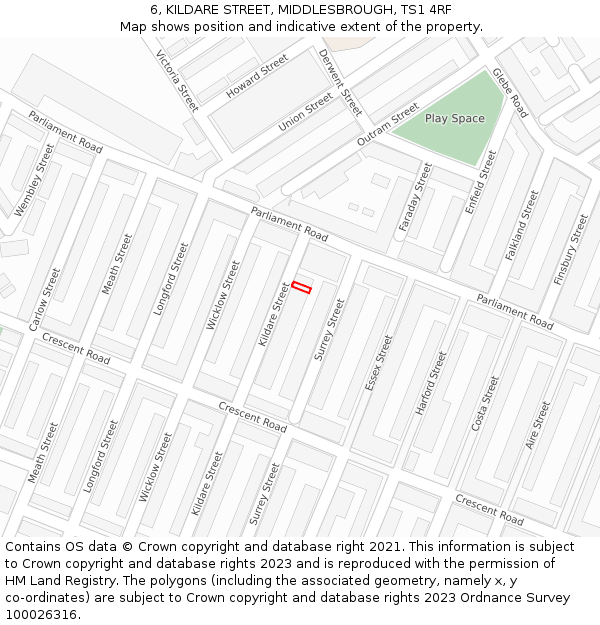 6, KILDARE STREET, MIDDLESBROUGH, TS1 4RF: Location map and indicative extent of plot