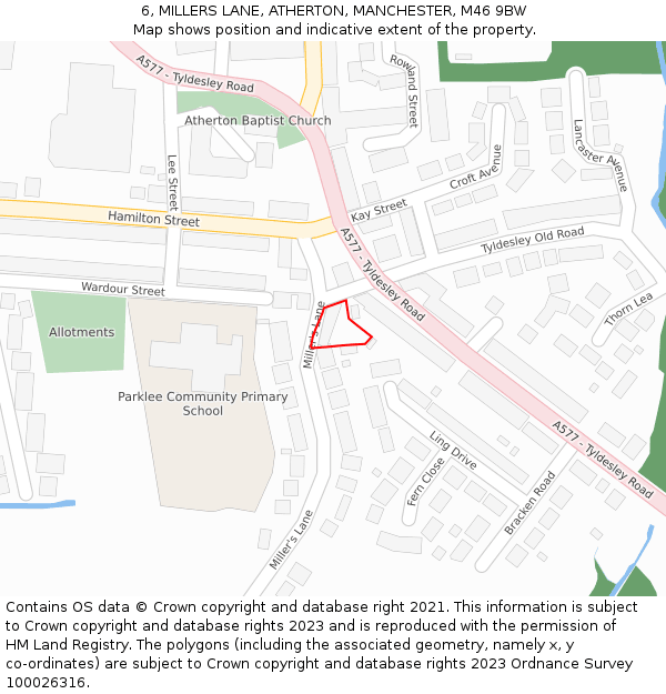 6, MILLERS LANE, ATHERTON, MANCHESTER, M46 9BW: Location map and indicative extent of plot