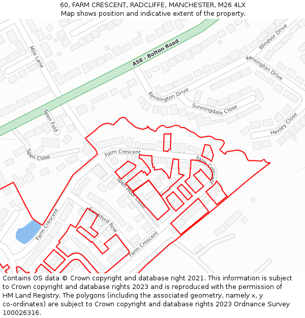 60, FARM CRESCENT, RADCLIFFE, MANCHESTER, M26 4LX: Location map and indicative extent of plot
