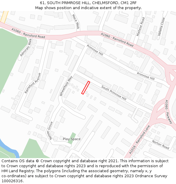 61, SOUTH PRIMROSE HILL, CHELMSFORD, CM1 2RF: Location map and indicative extent of plot