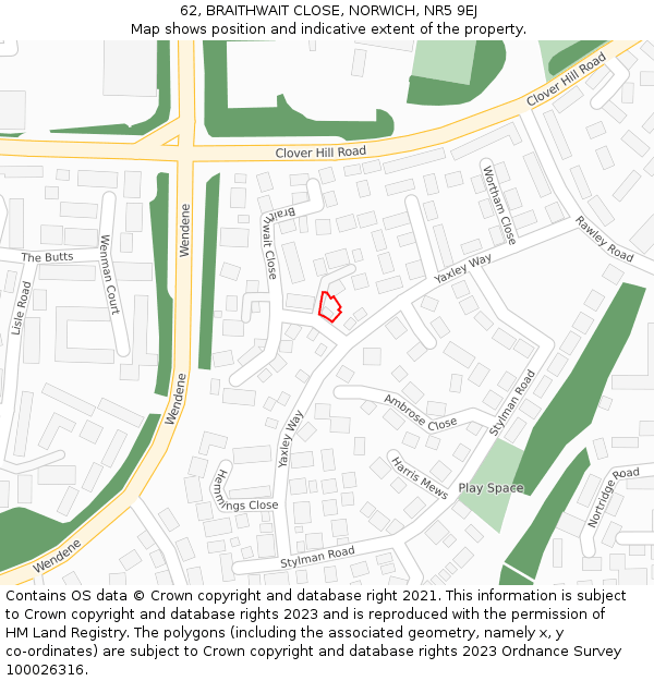 62, BRAITHWAIT CLOSE, NORWICH, NR5 9EJ: Location map and indicative extent of plot