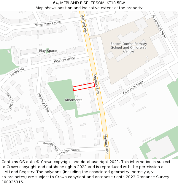 64, MERLAND RISE, EPSOM, KT18 5RW: Location map and indicative extent of plot