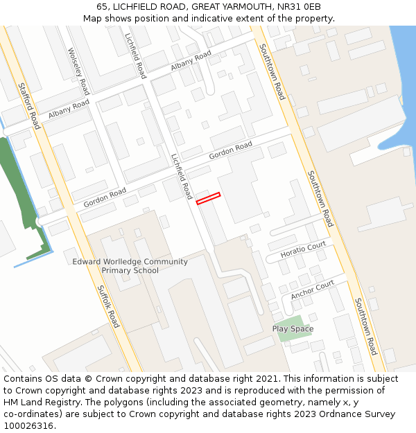 65, LICHFIELD ROAD, GREAT YARMOUTH, NR31 0EB: Location map and indicative extent of plot
