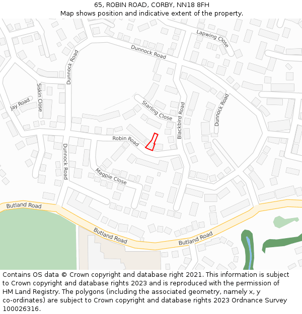 65, ROBIN ROAD, CORBY, NN18 8FH: Location map and indicative extent of plot