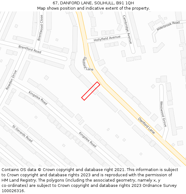 67, DANFORD LANE, SOLIHULL, B91 1QH: Location map and indicative extent of plot