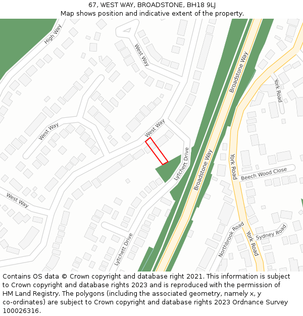 67, WEST WAY, BROADSTONE, BH18 9LJ: Location map and indicative extent of plot