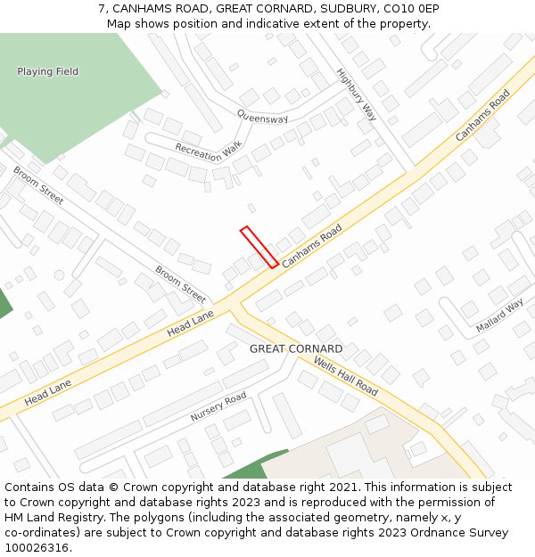 7, CANHAMS ROAD, GREAT CORNARD, SUDBURY, CO10 0EP: Location map and indicative extent of plot