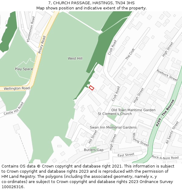 7, CHURCH PASSAGE, HASTINGS, TN34 3HS: Location map and indicative extent of plot