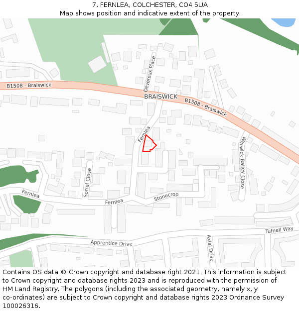 7, FERNLEA, COLCHESTER, CO4 5UA: Location map and indicative extent of plot