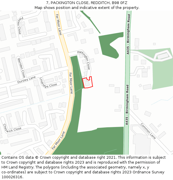 7, PACKINGTON CLOSE, REDDITCH, B98 0FZ: Location map and indicative extent of plot