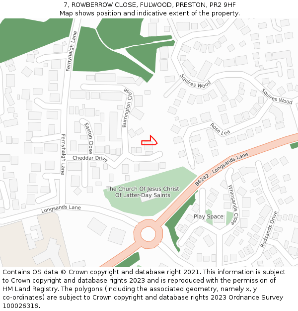 7, ROWBERROW CLOSE, FULWOOD, PRESTON, PR2 9HF: Location map and indicative extent of plot