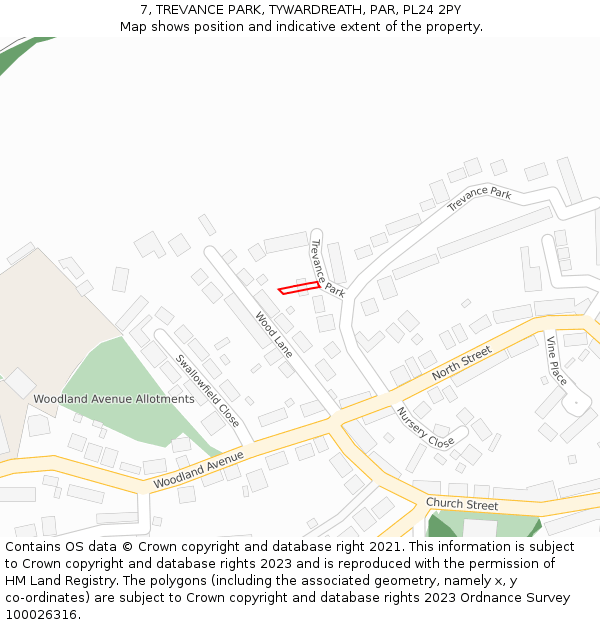 7, TREVANCE PARK, TYWARDREATH, PAR, PL24 2PY: Location map and indicative extent of plot