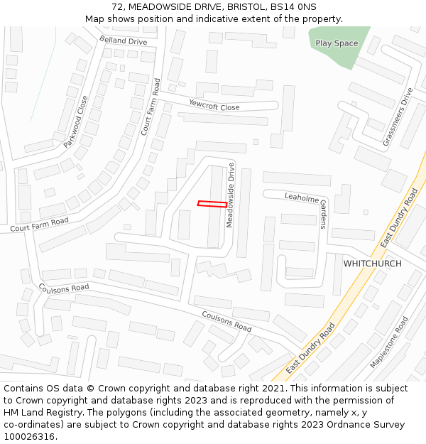 72, MEADOWSIDE DRIVE, BRISTOL, BS14 0NS: Location map and indicative extent of plot