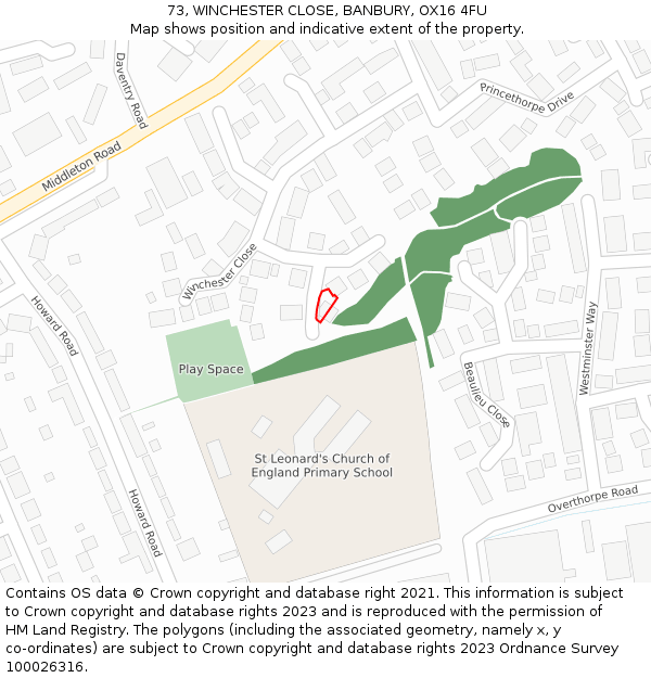 73, WINCHESTER CLOSE, BANBURY, OX16 4FU: Location map and indicative extent of plot