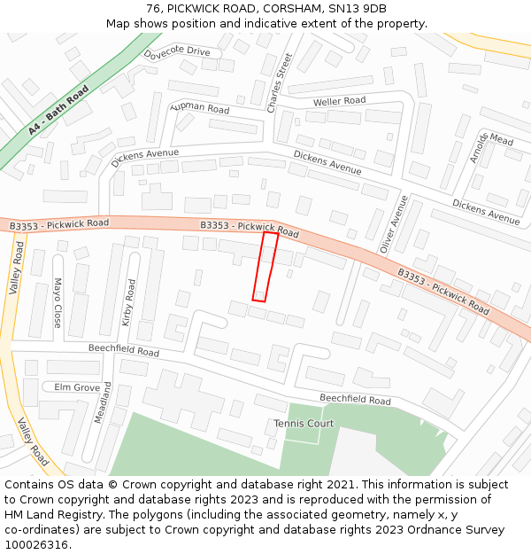76, PICKWICK ROAD, CORSHAM, SN13 9DB: Location map and indicative extent of plot